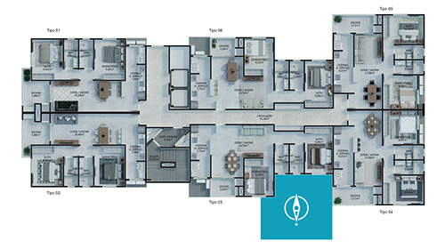 Torre 01 - Orquídea - Apartamentos com aproximadamente 65 a 70 m² 01 - Vagas de garagem individual e cobertas